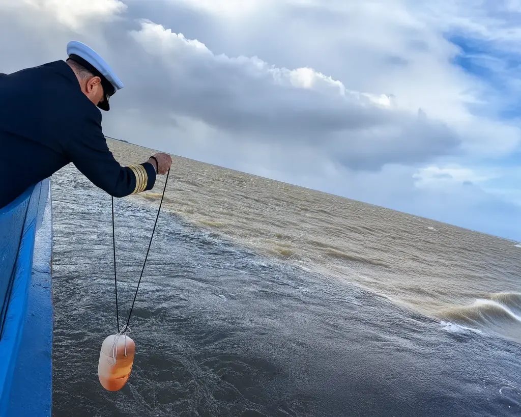 Eine Urne wird vom Schiff mit einem Seil zu Wasser gelassen