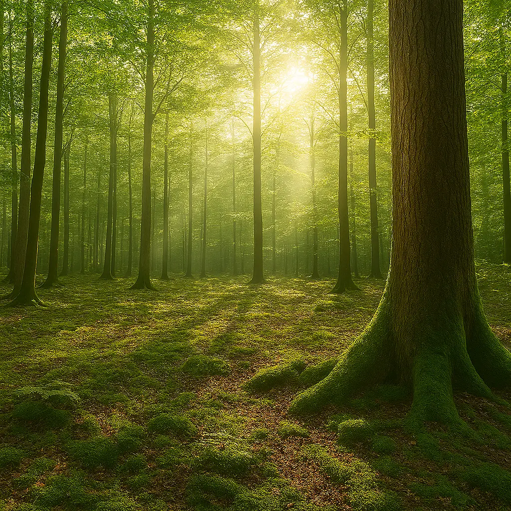 Die Sonne scheint in einen grünen Wald hinein